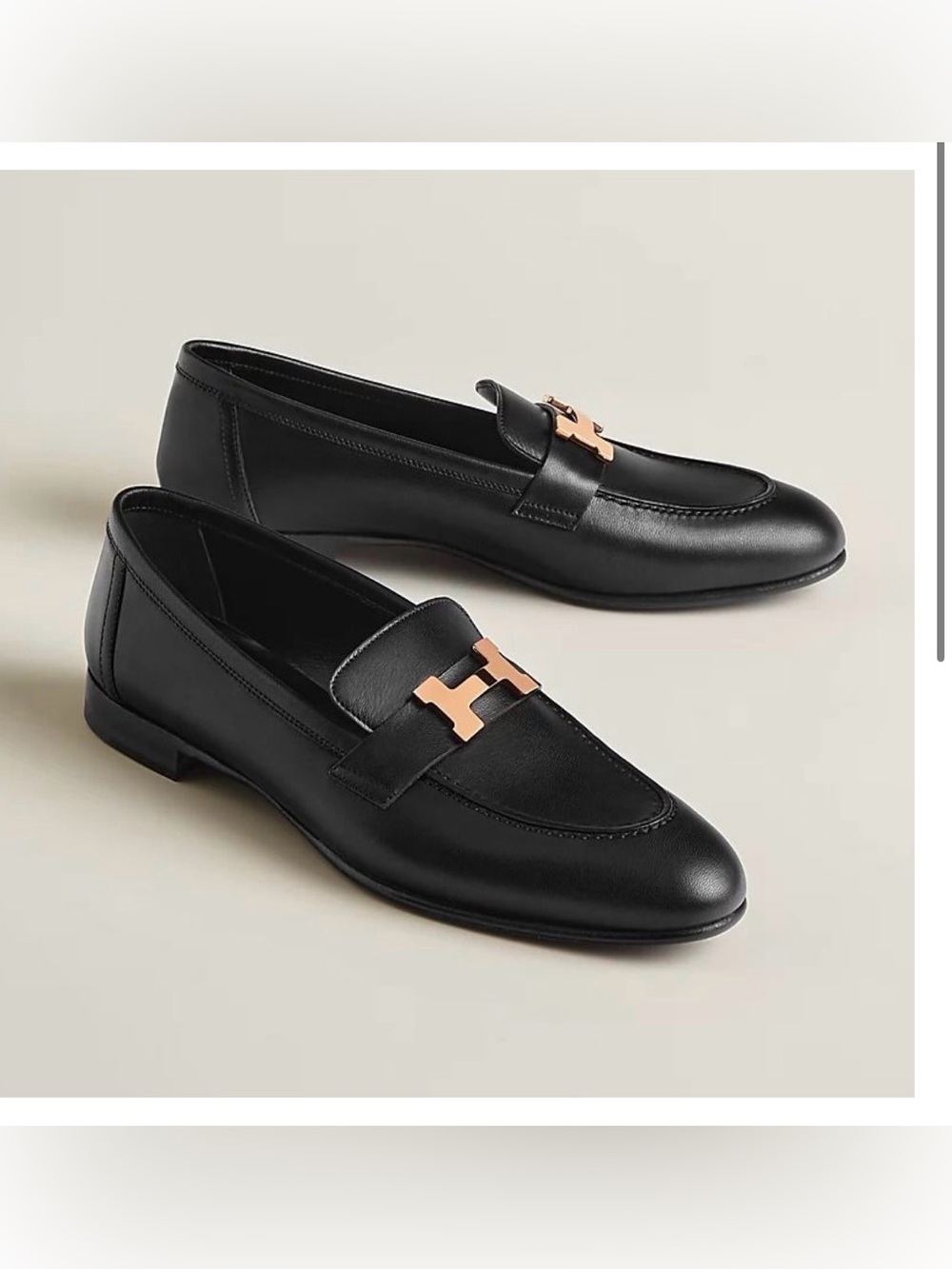 Hermes Paris Loafers Noir Goatskin with Rose Gold Buckle 38